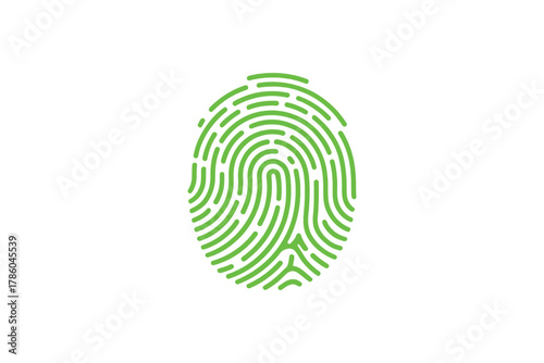 A green fingerprint is shown against a clean white background, representing identity and security.
