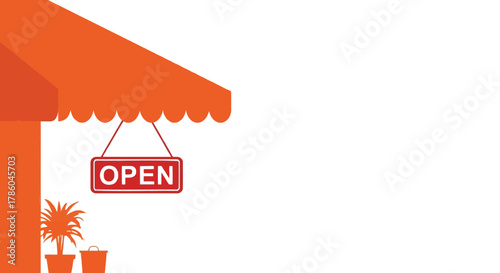 A bright orange awning over a storefront with a red open sign hanging and potted plants outside