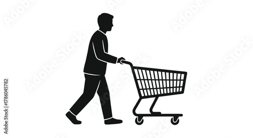 Silhouette of a man in a suit pushing a shopping cart across a white background representing shopping and commerce