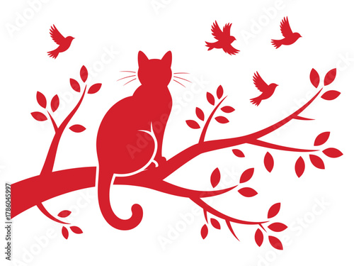 Graceful red cat silhouette perched on a tree branch surrounded by flying birds