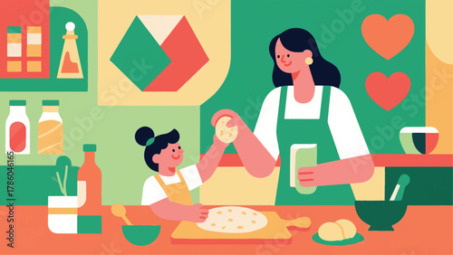 Illustration Of Mother And Child Making Bread Together Vector Design Template