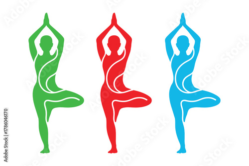 Three stylized figures in a yoga tree pose are depicted in green, red, and blue against a white background, representing balance and wellness.