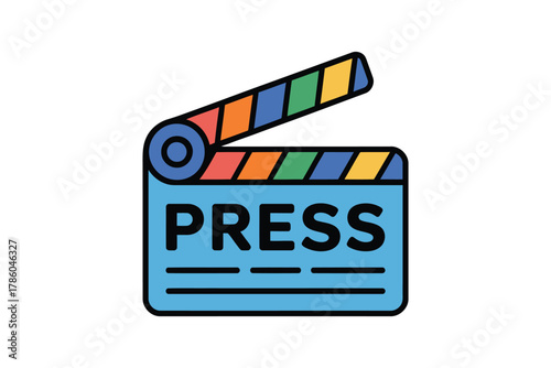 A clapperboard with the word PRESS written on it is shown against a white background.