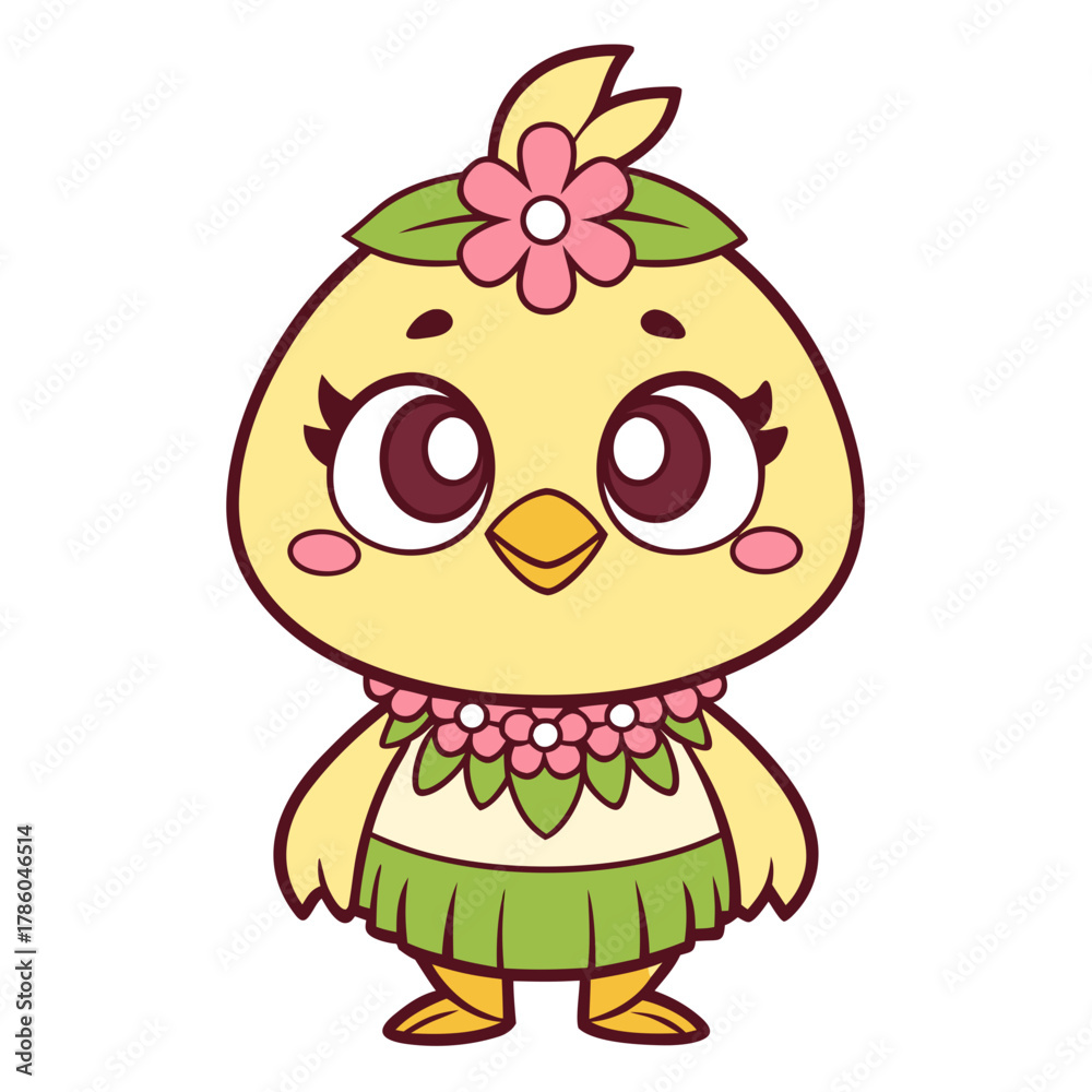 Obraz premium Cute cartoon yellow chick character, adorned with vibrant flower lei and grass skirt, embodying a cheerful tropical summer vacation spirit, perfect for children's content