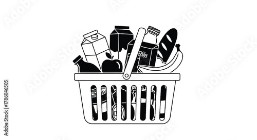 Black and white illustration of a shopping basket filled with groceries including milk cartons fruit bread and bottles on a white background