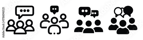 Illustration of group communication, teamwork, and collaboration with speech bubbles and people icons
