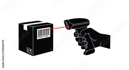 Hand holding a barcode scanner and scanning a package with a red laser beam on a white background