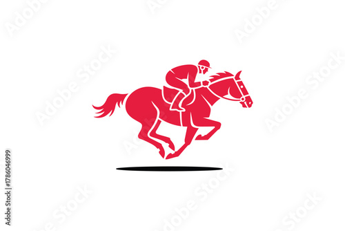 A dynamic red silhouette of a jockey riding a horse at full gallop against a white background.