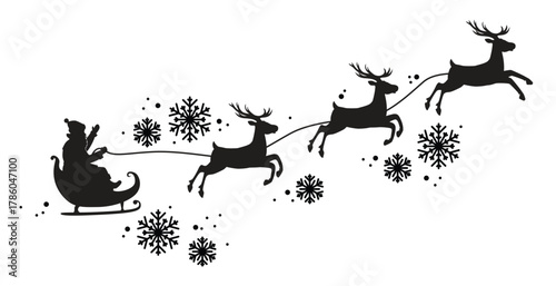 Black silhouette of Santa Claus flying in a sleigh on a reindeer sleigh surrounded by snowflakes. Vector illustration isolated on a white background