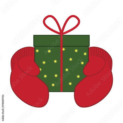Hands in red mittens hold a gift box decorated with a red bow. Vector illustration isolated on a white background