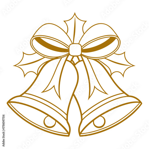 Elegant outline illustration of a pair of festive holiday bells adorned with a decorative bow and traditional holly leaves, symbolizing celebration and joy
