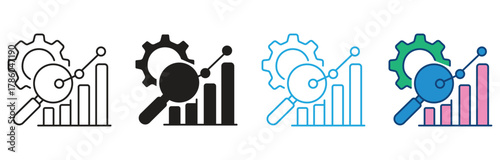 Analyzing business data with gear and magnifying glass icon set. Market research, analytic. Business analysis, financial forecast logo. vector illustration.