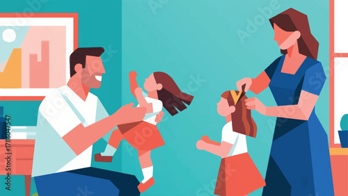 Illustration Of Mother And Father Tidying Up Children's Clothes To Go To School Vector Design Template