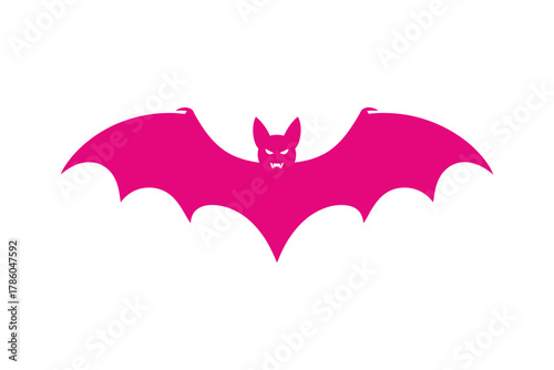 A stylized pink bat silhouette with spread wings and sharp teeth is displayed against a white background.