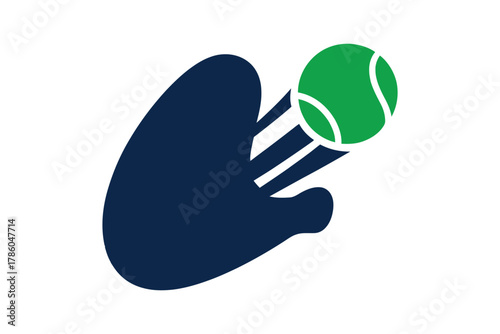 A stylized dark blue hand catches a bright green tennis ball in motion against a white background.