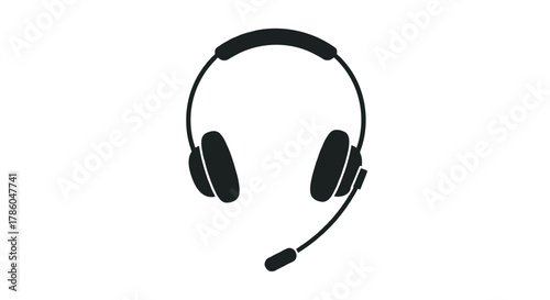 Simple black silhouette of a headset with a microphone on a clean white background