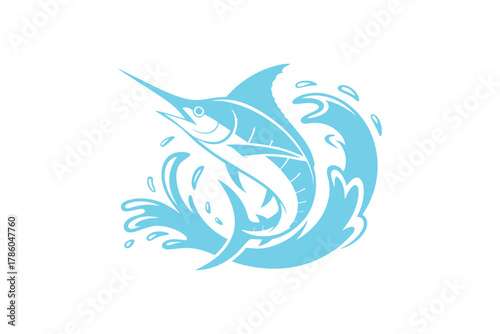 A stylized illustration depicts a marlin leaping from stylized blue water with splashes against a white background.