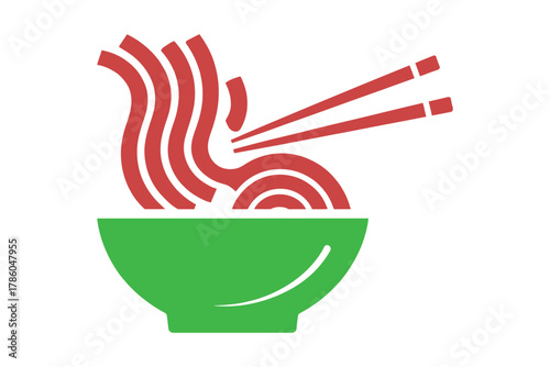 A bowl of red noodles is being lifted by chopsticks against a white background.