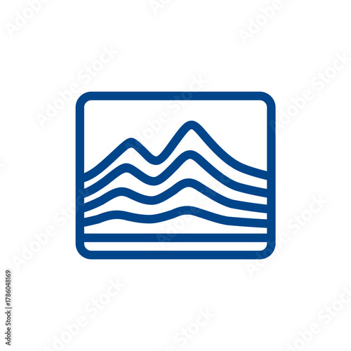 Mountain Topography Logo Icon.
A minimalist blue line art logo with wavy contour lines in a rectangle, symbolizing mountains and natural landscapes.