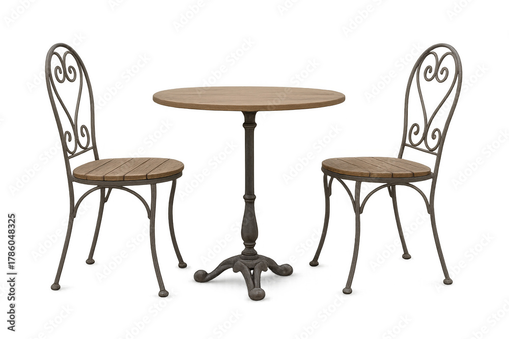 Fototapeta premium Bistro set with round wooden table and two vintage style wrought iron chairs. Outdoor cafe furniture cutout