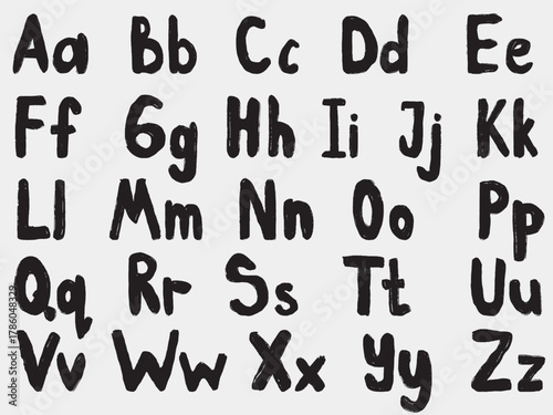 Hand drawn English alphabet in black color. Vector sketch illustration in vintage crayon charcoal style. Brush drawn grunge typography. Lowercase and uppercase letters