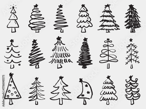 Hand drawn Christmas tree set. Vector sketch illustration in vintage crayon charcoal style. Festive trees with stars, ornaments, spirals, and abstract holiday designs. Christmas decorations