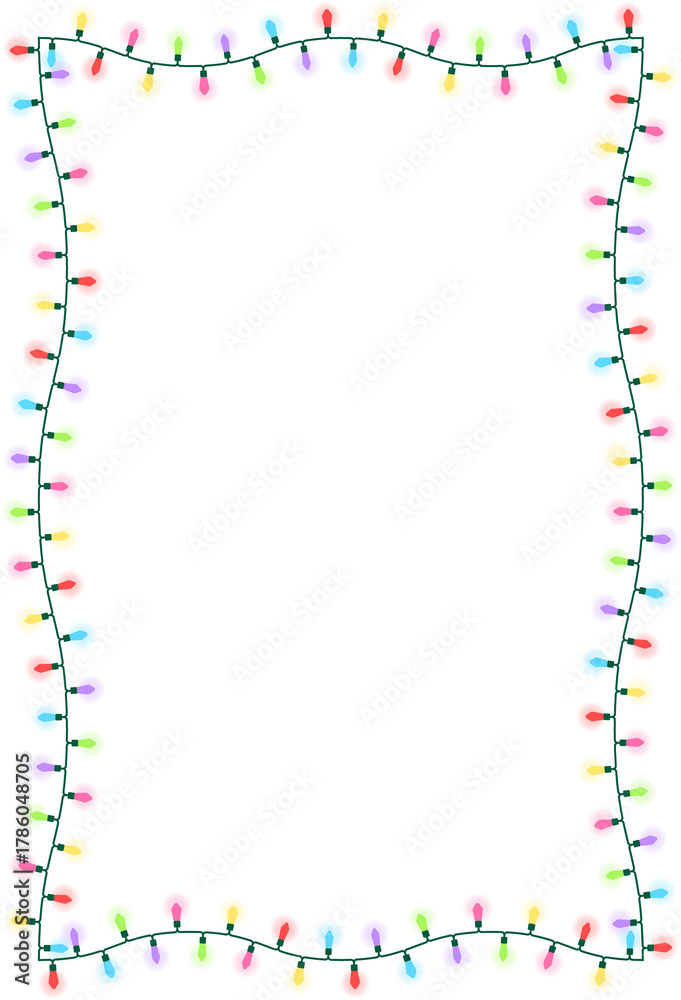 Obraz premium 6色の電球でカラフルなクリスマスライト（String lights）のフレームイラスト。点灯しているバージョン。冬のイベントポスターや、クリスマスカードに最適。電線の細かい形状を再現している。