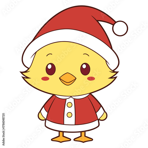 Cute cartoon baby chick character wearing a red Santa Claus costume and hat for the Christmas holiday season