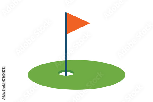 A golf hole with a flag on a white background symbolizes the game of golf and its objective.