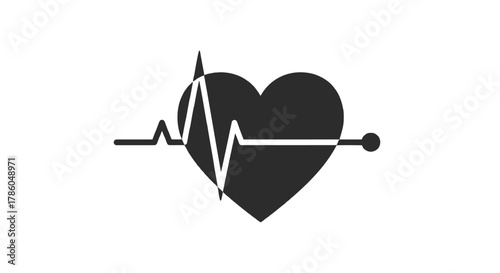 Stylized black heart symbol with a white electrocardiogram heartbeat line passing through it on a white background