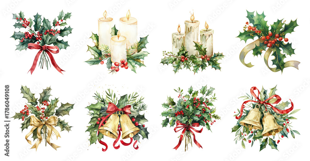 Fototapeta premium PNG Festive holly candle arrangements, element set on transparent background