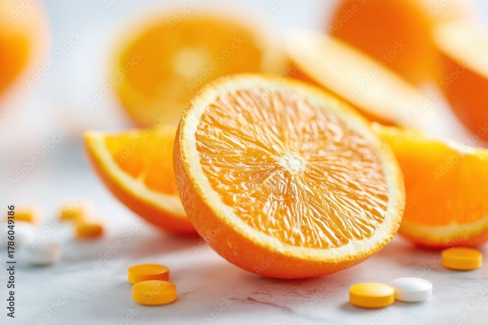 Fototapeta premium Fresh orange slices with tablets on wooden surface