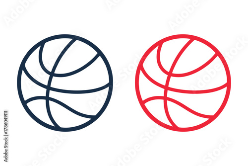Two stylized basketballs, one in navy blue and the other in red, are depicted side-by-side against a white background.