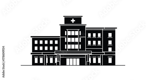 A minimalist black and white illustration of a modern hospital building with a cross symbol on top