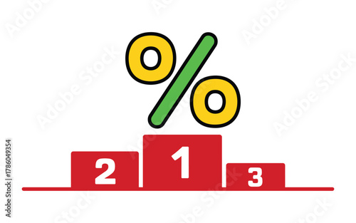 A percentage symbol sits on a podium with numbers 1, 2, and 3 indicating a ranking or competition.