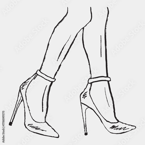 Hand drawn female legs in ankle-strap stiletto heels. Vector sketch illustration in vintage crayon charcoal style. Fashion shoes drawing, shopping poster