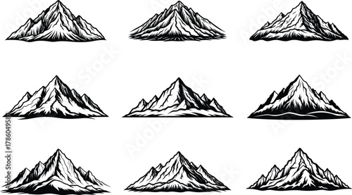Collection of Nine Mountain Illustrations in Black and White Graphic Style