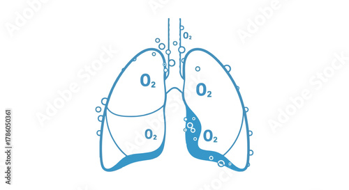 Stylized illustration of human lungs showing oxygen intake and distribution with o2 labels and bubbles