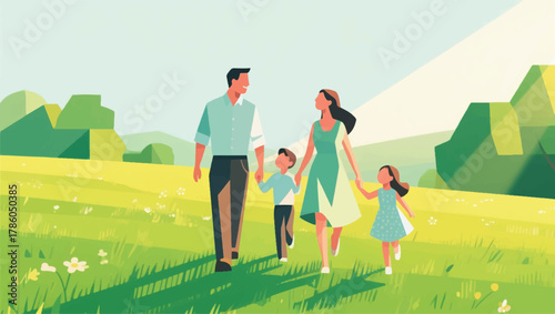 Illustration Of A Family Holding Hands In A Park With A Bright Atmosphere Vector Design Template