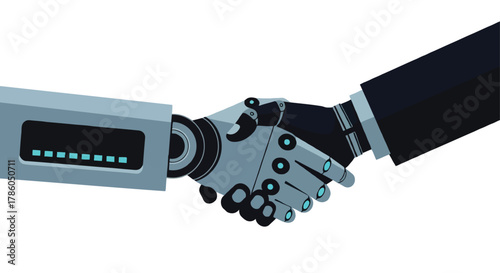 Robot hand and human hand shaking in agreement symbolizing partnership and technological advancement in business