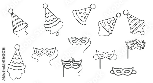Get the party started with festive masks and party hats, perfect for celebrations and joyful events