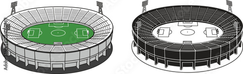 Football soccer stadium vector illustration, sports arena architecture design, green field top view, championship event venue, modern outdoor arena art