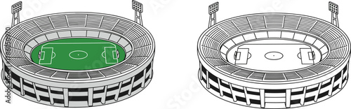 Football soccer stadium vector illustration, modern sports arena design, green field top view, championship venue, outdoor game architecture art