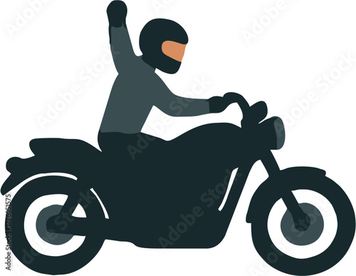 Man Riding a Motorcycle with Arm Raised in Celebration