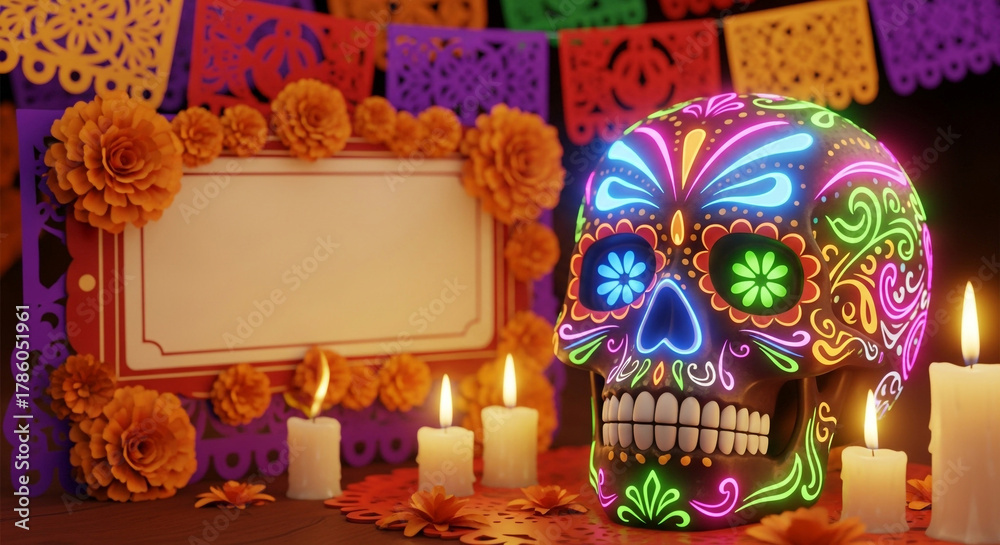 Fototapeta premium Celebrate Dia de los Muertos with vibrant sugar skull art and marigolds, perfect for invitations, posters, and Day of the Dead celebrations!