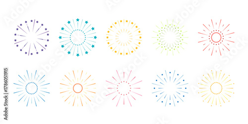 A set of fireworks icons, vector illustration, isolated on a white background. A graphic holiday element for design, postcards, posters, and Christmas. Sparks, lights, explosions, flashes in the sky