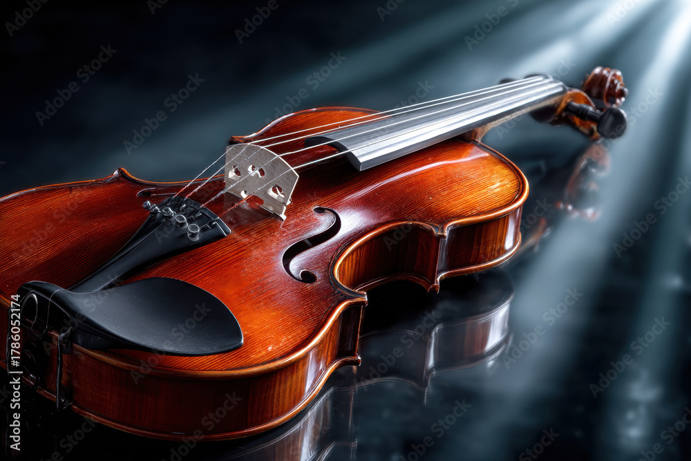 Fototapeta premium Polished Violin on Dark Reflective Surface with Dramatic Lighting