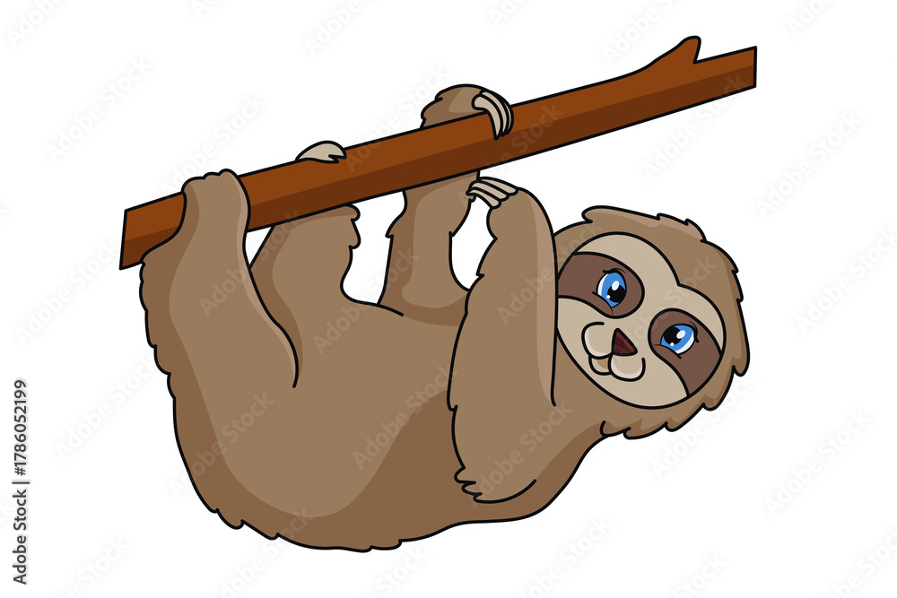 Obraz premium Cute cartoon sloth hanging from a tree branch, adorable wildlife illustration