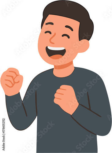 A joyful and excited young man celebrating a victory with a big smile and clenched fists, expressing pure happiness and success