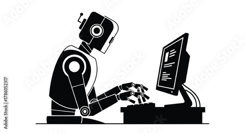 A stylized black and white illustration of a friendly robot typing on a computer keyboard with a monitor displaying text